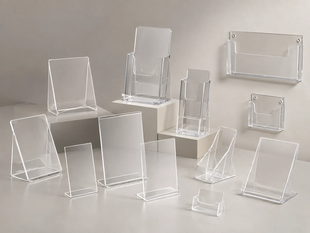 Displays y porta folletos en acrílico transparente de mesa y de pared en varios formatos