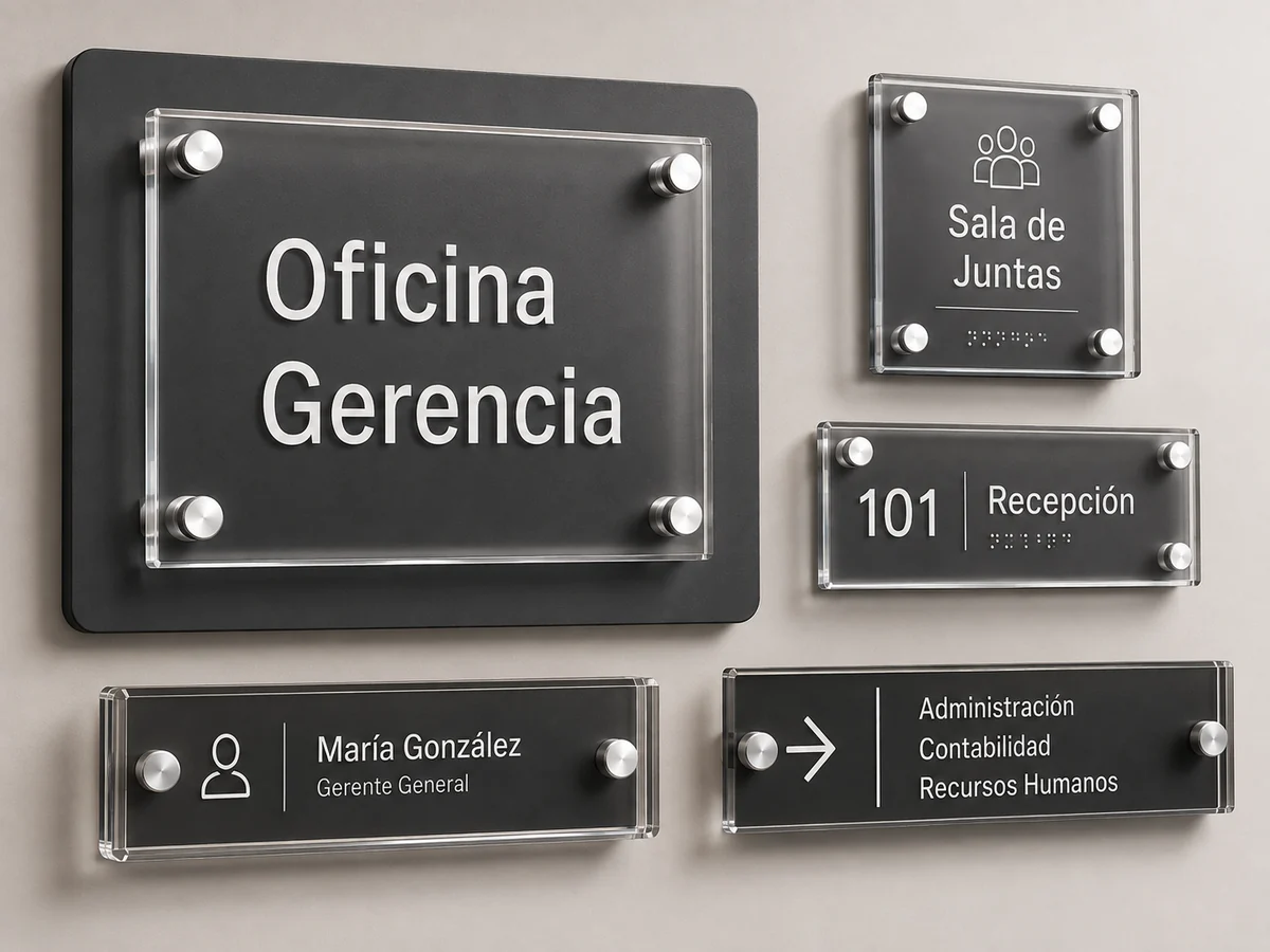 Placas en acrílico para oficinas: Gerencia, Sala de Juntas, Recepción y directorio, con separadores metálicos y braille