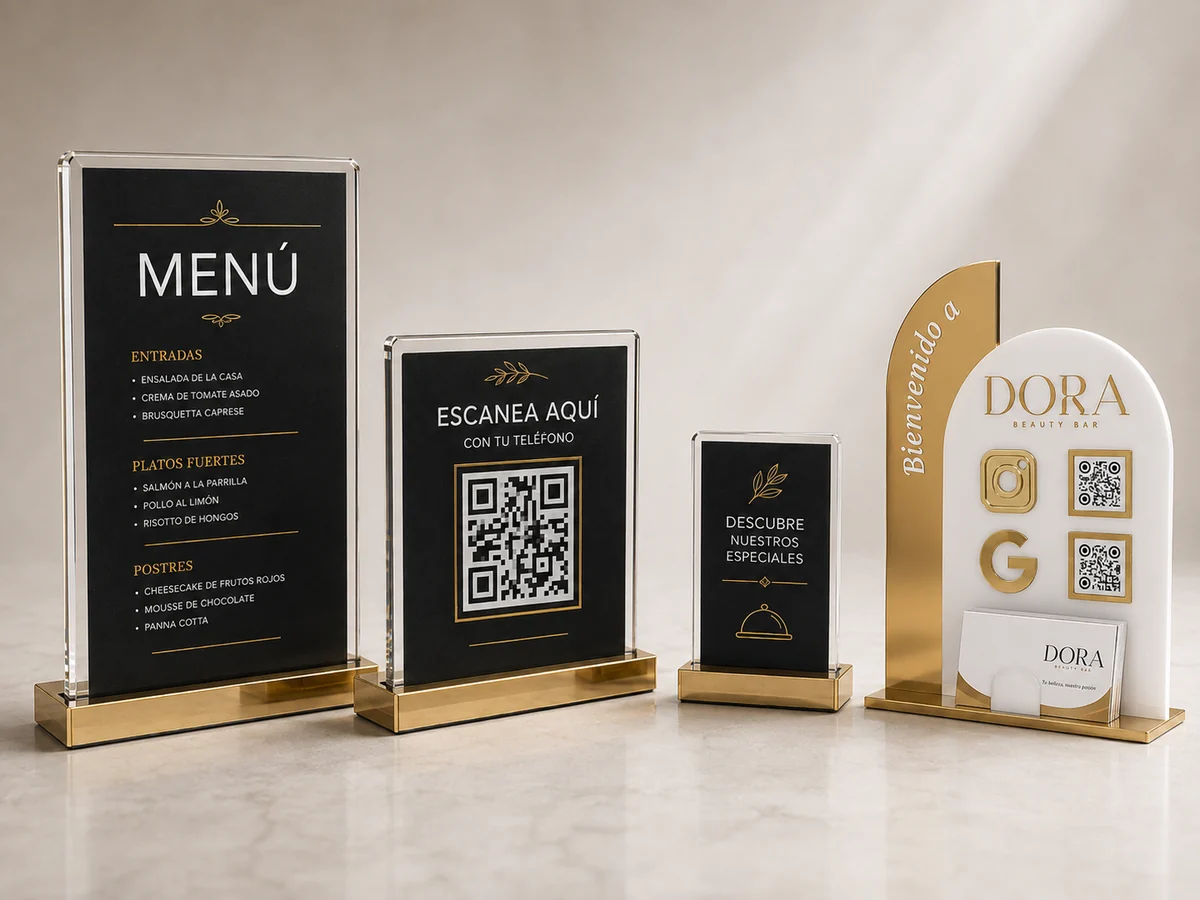 Portamenús en acrílico con base metálica dorada, con carta, código QR y porta tarjetas