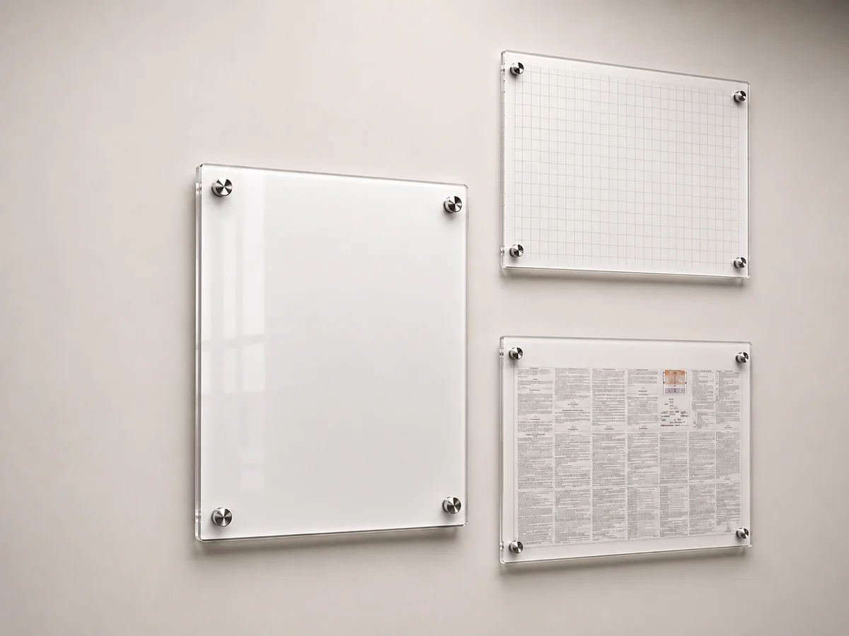 Tableros informativos en acrílico instalados en pared con separadores metálicos
