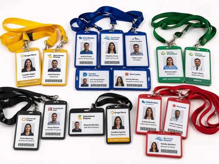 Carnets institucionales en PVC con portacarnets y cintas tipo lanyard de colores — imagen ilustrativa