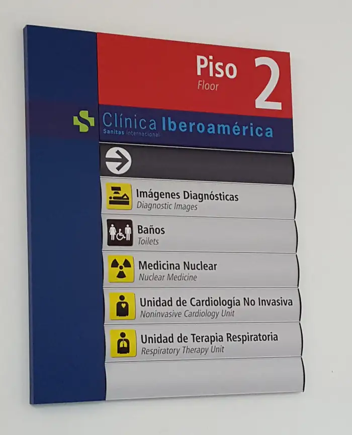 Directorio de piso instalado en la Clínica Iberoamérica, con la cabecera «Piso 2» y láminas de Imágenes Diagnósticas, Baños, Medicina Nuclear, Unidad de Cardiología No Invasiva y Unidad de Terapia Respiratoria, en español e inglés