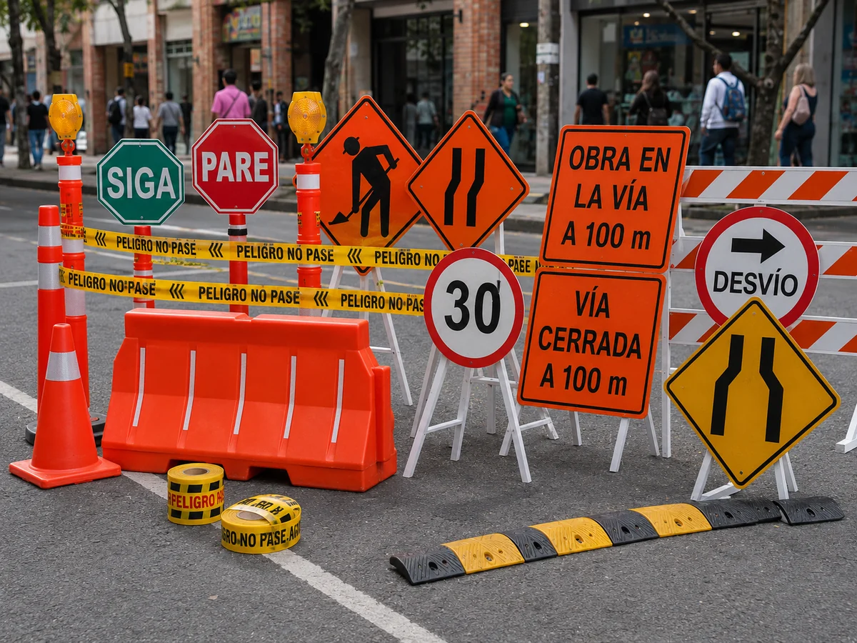 Conjunto completo de señalización vial: conos, paletas pare y siga, barricadas, señales de obra, cintas y reductores fabricados por Signograf en Barranquilla